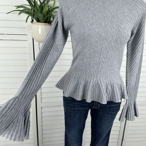 Jonathan Simkhai Gray Ribbed Bell Sleeve Sweater Top Wool Cashmere Blend Size XS - Picture 3 of 9